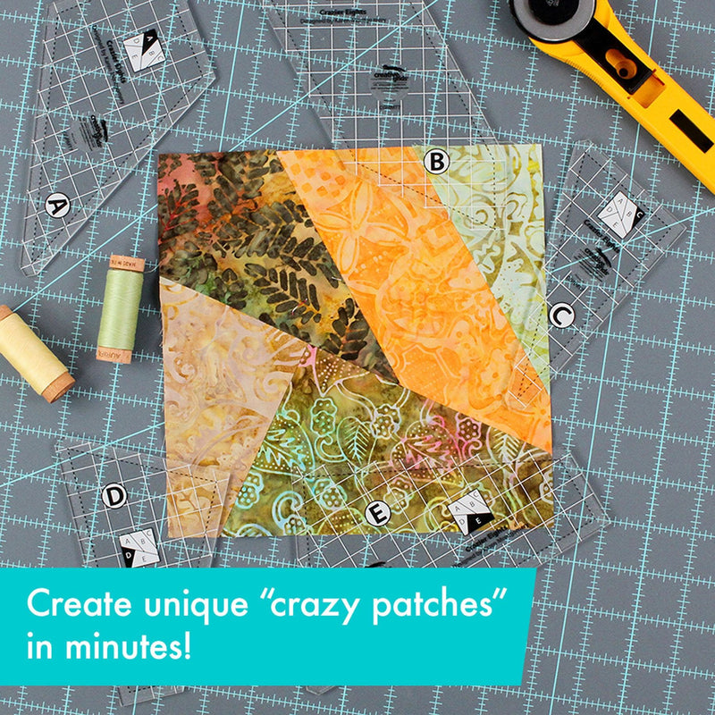 Creative Grids Crazier Eights five-piece acrylic quilt template collection displayed over assorted fabric scraps.