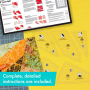 Creative Grids Crazier Eights five-piece acrylic quilt template collection displayed over assorted fabric scraps.