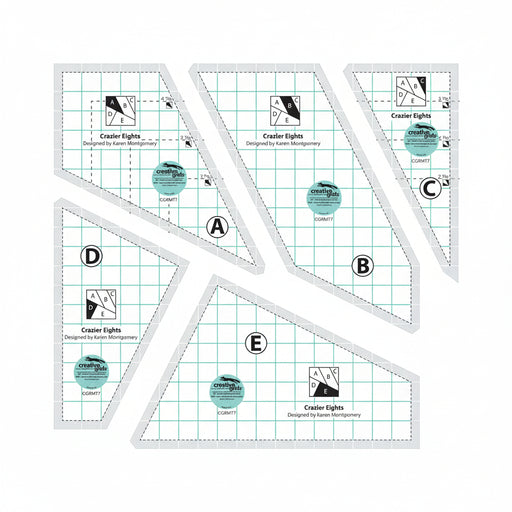 Creative Grids Crazier Eights five-piece acrylic quilt template collection displayed over assorted fabric scraps.