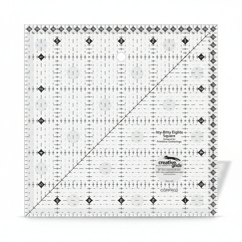Creative Grids Itty-Bitty Eights 6-inch by 6-inch square quilting ruler sitting over a geometric patchwork block center.