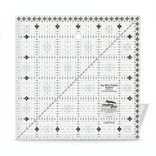 Creative Grids Itty-Bitty Eights 6-inch by 6-inch square quilting ruler sitting over a geometric patchwork block center.