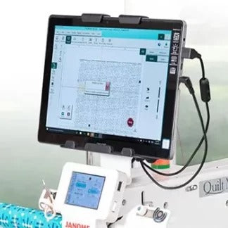 Janome Quilt Maker Pro-Stitcher 20 tablet interface securely mounted to the front of the longarm machine.