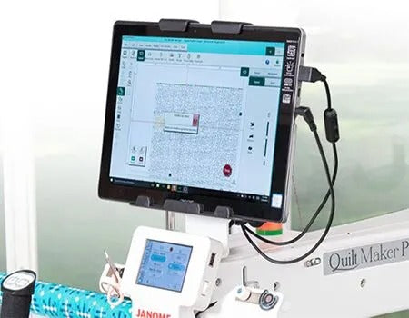 Janome Quilt Maker Pro-Stitcher 20 tablet interface securely mounted to the front of the longarm machine.