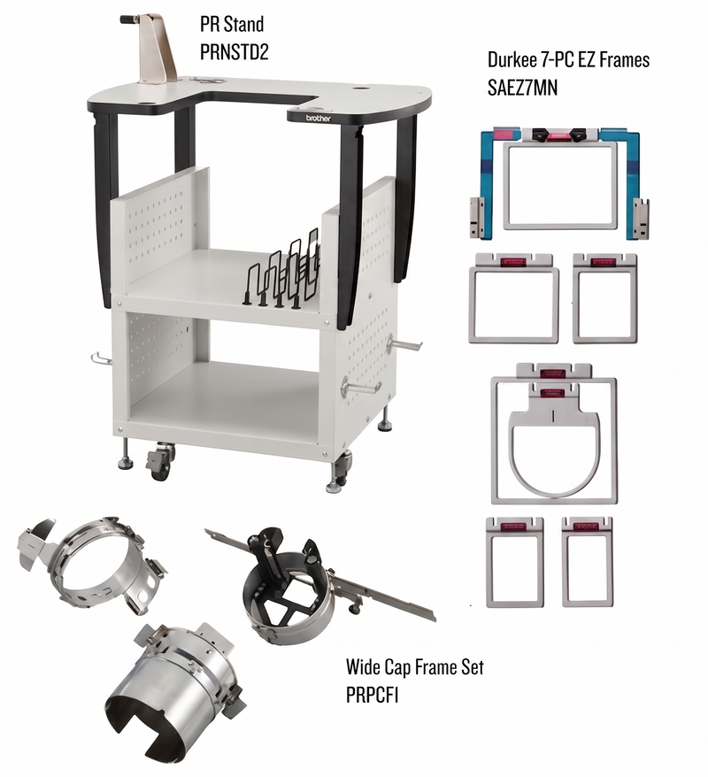 A promotional showcase graphic for the Brother PR10 Evergreen Bundle highlighting commercial multi needle apparel production and custom framing capabilities