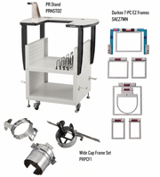 Technical diagram of the Brother PRNSTD2 heavy duty machine stand fully assembled with a multi needle embroidery machine showing mounting layout and dimensions