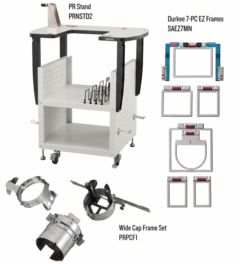 Technical diagram of the Brother PRNSTD2 heavy duty machine stand fully assembled with a multi needle embroidery machine showing mounting layout and dimensions