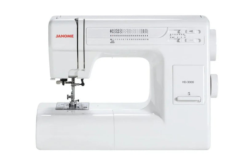 Janome HD3000 heavy duty sewing machine front view showing 18 stitch selection dial.