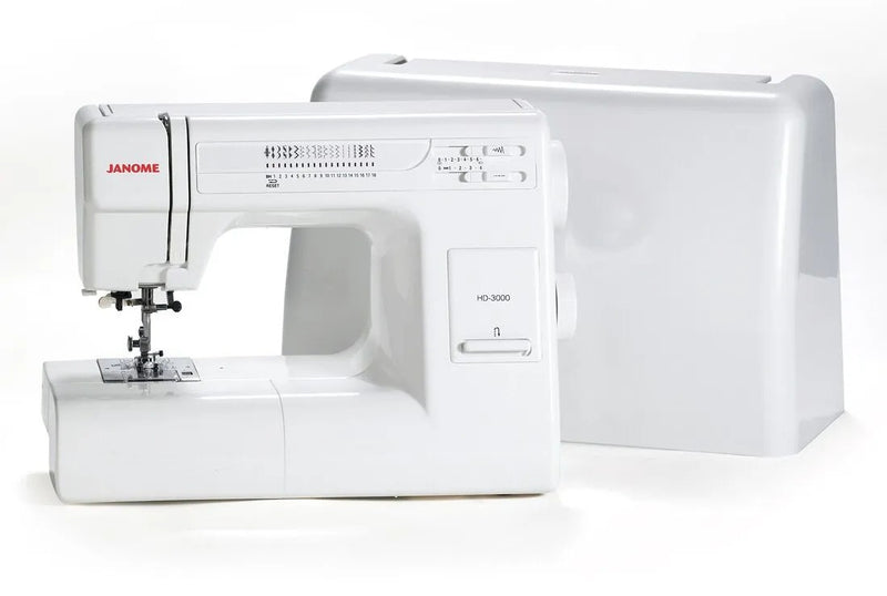 Janome HD3000 heavy duty sewing machine front view showing 18 stitch selection dial.