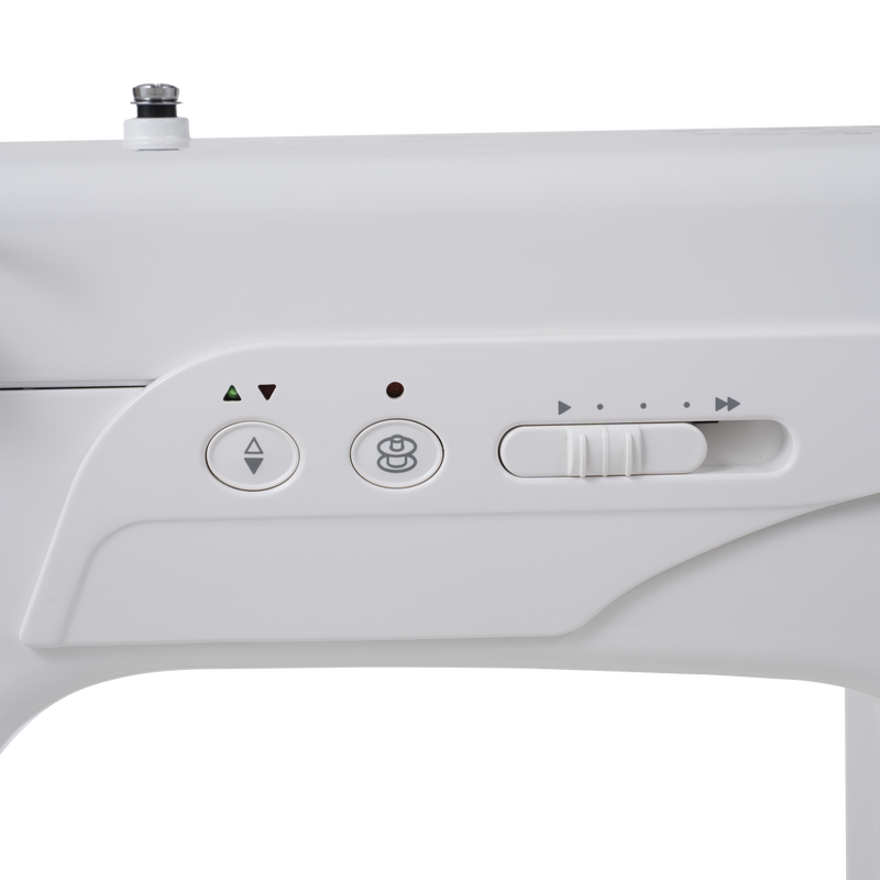 Janome reference photo: HD8 needle up/down and thread cutter buttons with speed control slider