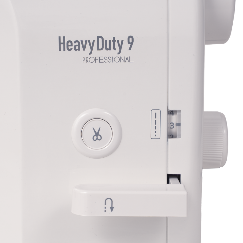 Janome reference photo: HD9 V3 Professional Heavy Duty 9 Professional badge and thread cutter button