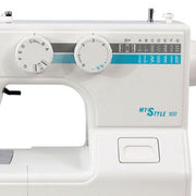 Janome MyStyle100 mechanical sewing machine front view highlighting the simple stitch dial.