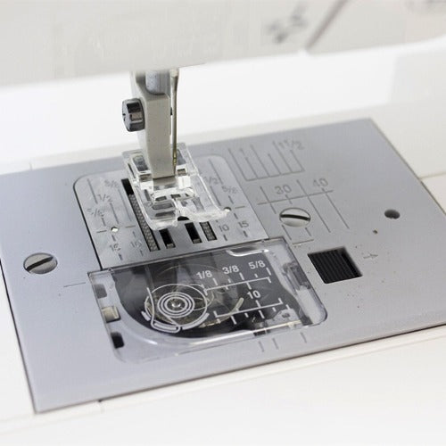 Janome MyStyle100 mechanical sewing machine front view highlighting the simple stitch dial.