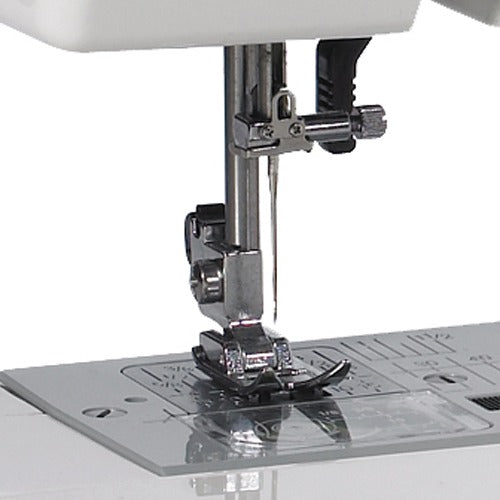 Janome MyStyle100 mechanical sewing machine front view highlighting the simple stitch dial.
