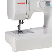 Janome MyStyle100 mechanical sewing machine front view highlighting the simple stitch dial.