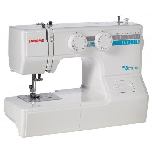 Janome MyStyle100 mechanical sewing machine front view highlighting the simple stitch dial.