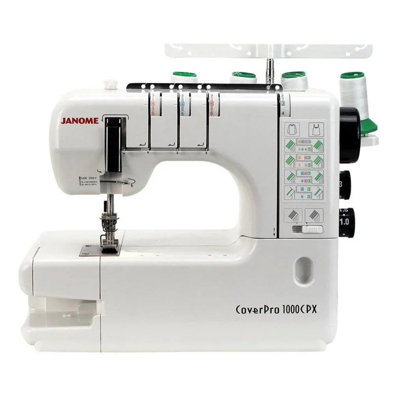 The Janome CoverPro 1000CPX configured with the free arm exposed for sewing cuffs and sleeves.