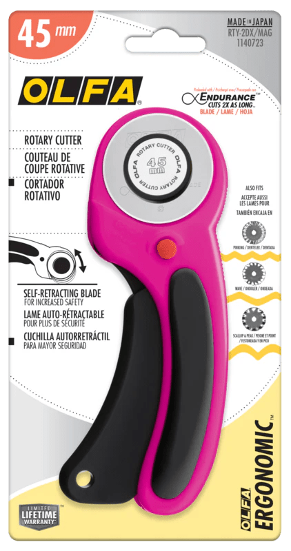 OLFA 45mm Ergonomic Rotary Cutter - Magenta - RTY - 2DX - MAG | Olfa Rotary Cutter for Fabric & Quilting