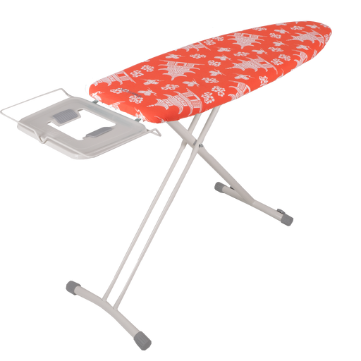ironMATIK Space Surfer Pagoda Orange ironing board with patterned cover and iron rest