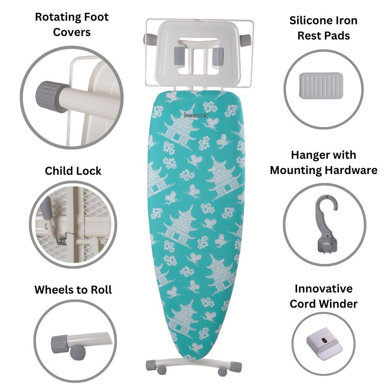 ironMATIK Space Surfer Pagoda Blue ironing board features, wheels, adjustable feet and storage hanger