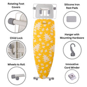 ironMATIK Space Surfer Pagoda Yellow ironing board features, wheels, adjustable feet and storage hanger