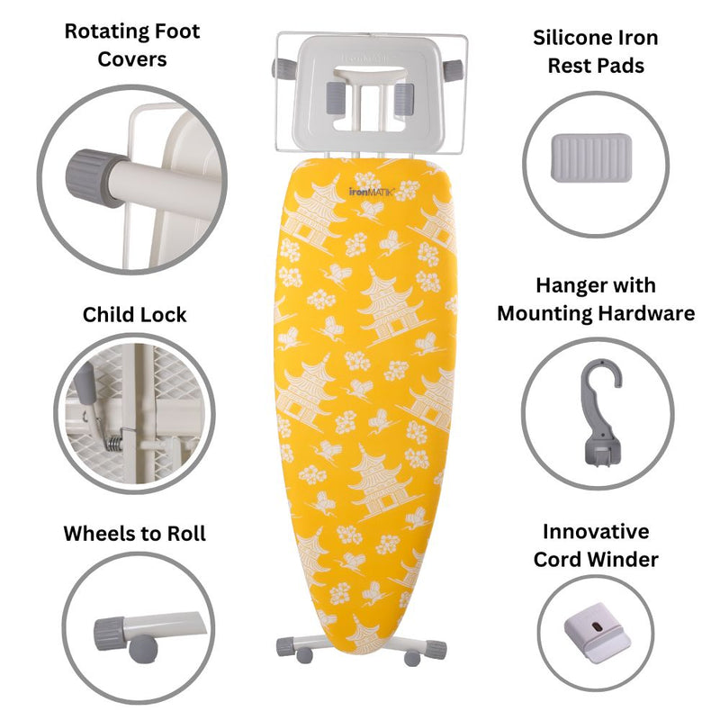 ironMATIK Space Surfer Pagoda Yellow ironing board features, wheels, adjustable feet and storage hanger