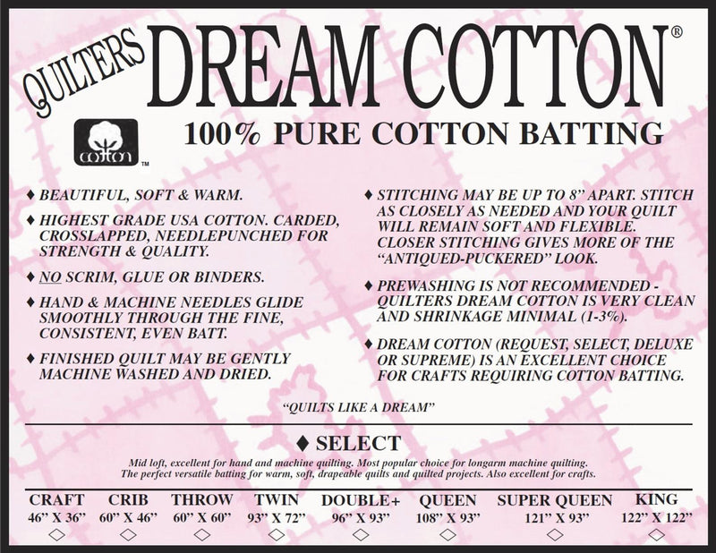 Quilters Dream Cotton Select white batting rolled with packaging