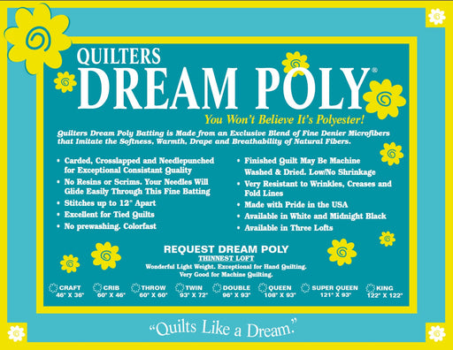 Quilters Dream Poly Request thin loft white microfiber quilt batting package on white background