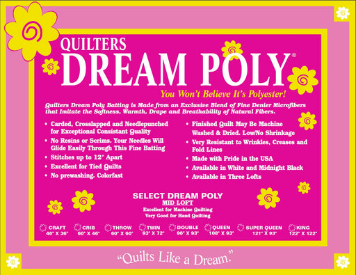 Quilters Dream Poly Select mid loft white microfiber quilt batting package on white background