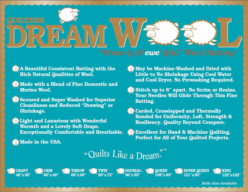 Quilters Dream Wool lofty Merino wool blend quilt batting package on white background