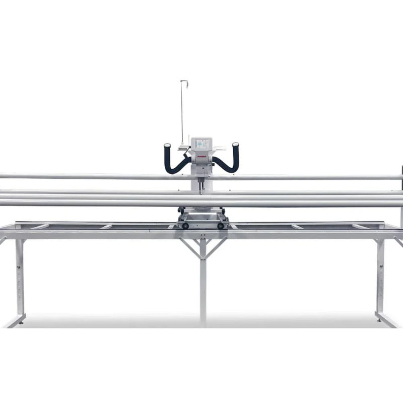 Janome Quilt Maker 18 longarm quilting machine head highlighting the ergonomic handles and LCD touchscreen display.