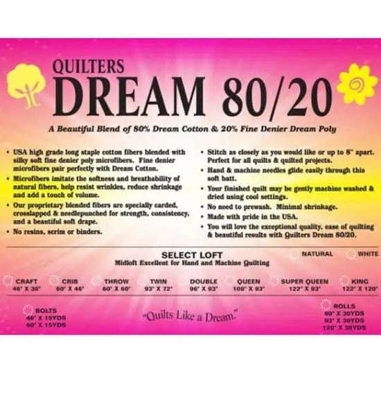 Quilters Dream 80/20 natural cotton poly blend quilt batting package on white background