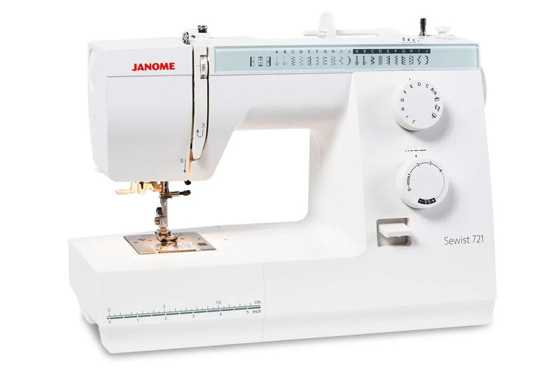 Janome Sewist 721 mechanical sewing machine front view showcasing the stitch selection dial and tension controls.