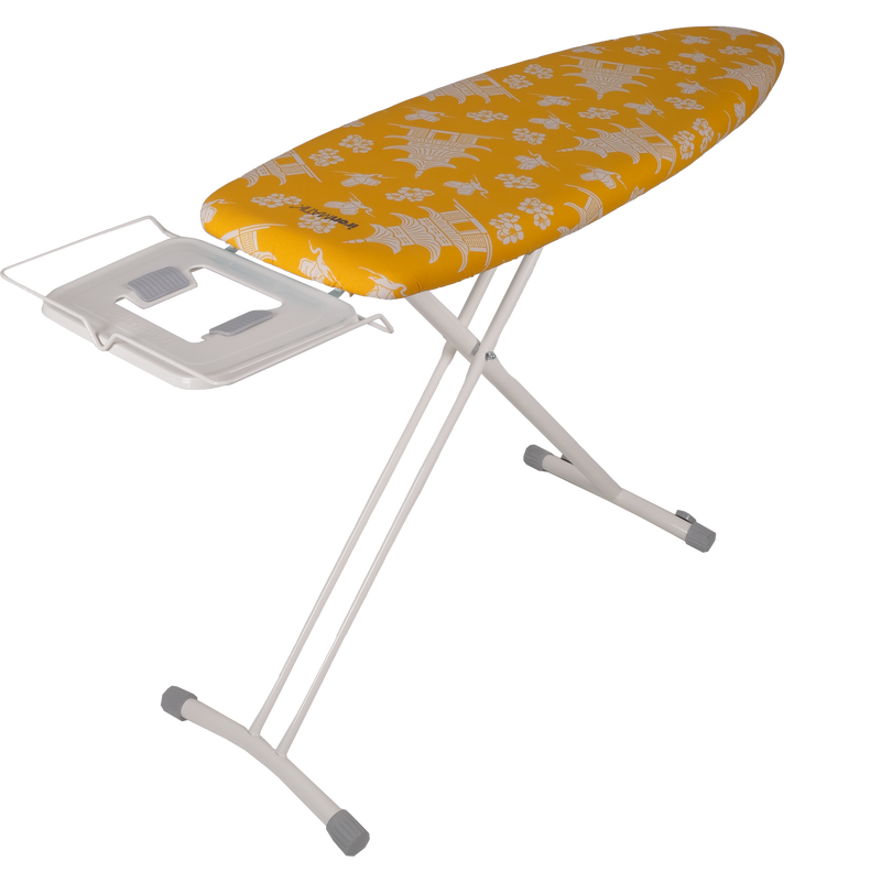ironMATIK Space Surfer Pagoda Yellow ironing board with patterned cover and iron rest