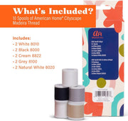 Madeira Most Popular Sewing Thread Set American Home Edition featuring 10 Aerofil polyester thread spools in black, white, cream, grey, and natural white colors.