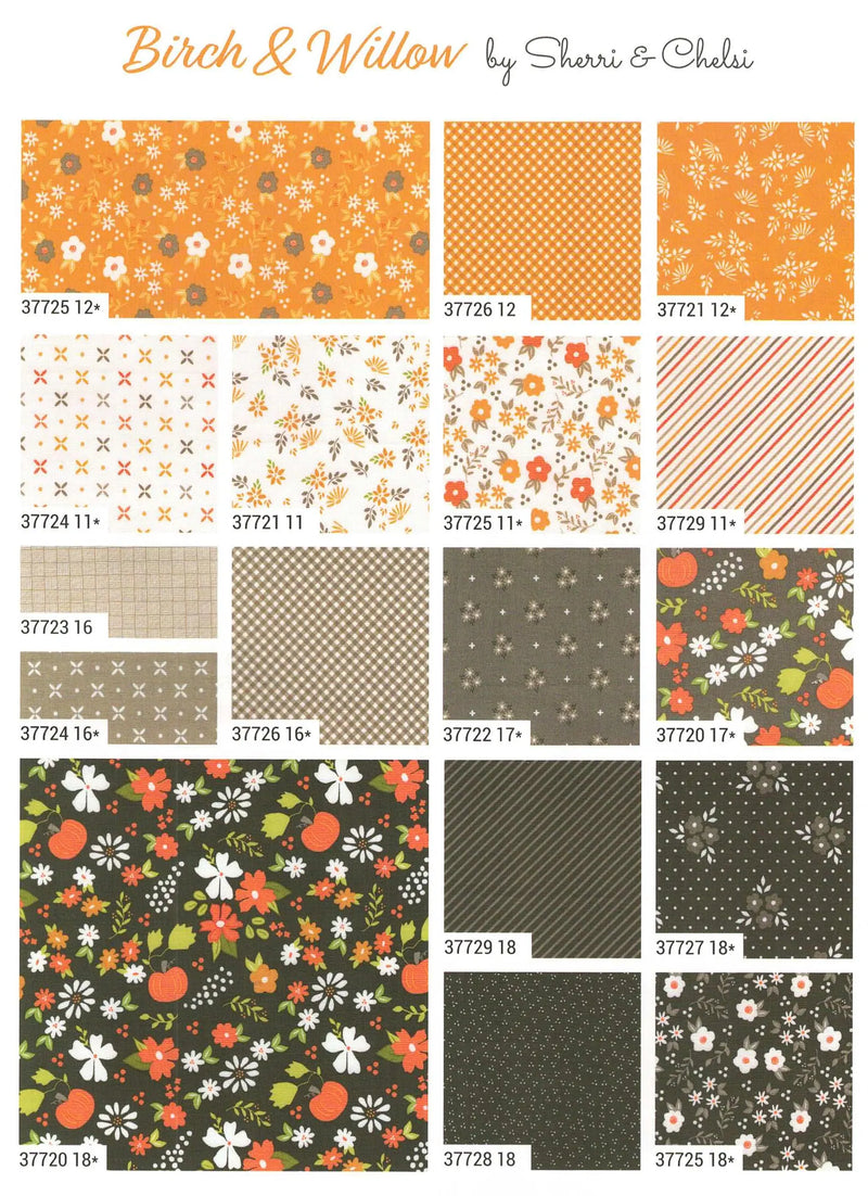 Birch and Willow 10-inch Moda fabric squares in orange, gold, gray and black, 37720LC
