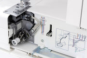 Janome CoverPro 3000P professional cover hem machine front view showing the extra long bed and thread cones.