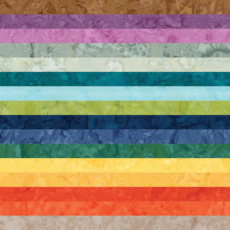 Expressions Batiks Hand-Dyes Bright Day Fat quarter bundle by Riley Blake Designs showing 16 coordinated fat-quarter cuts for quilting and sewing