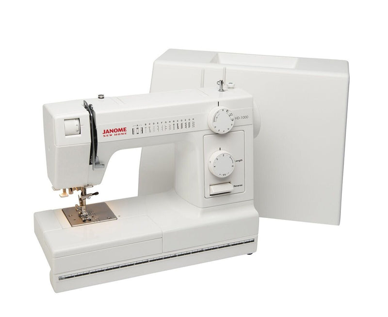 Janome HD1000 heavy duty mechanical sewing machine front view showcasing the rugged metal frame and dial controls.