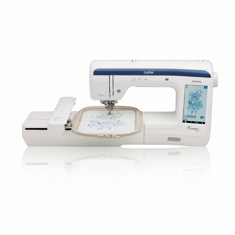 brother-innov-is-ve2300-essence-embroidery-machine-front-view-with-attached-hoop-isolated-on-black-background