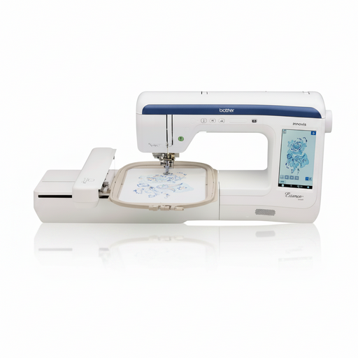 brother-innov-is-ve2300-essence-embroidery-machine-front-view-with-attached-hoop-isolated-on-black-background