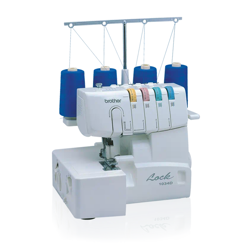 brother-lock-1034d-serger-angled-right-view-with-four-blue-thread-spools-on-black-background