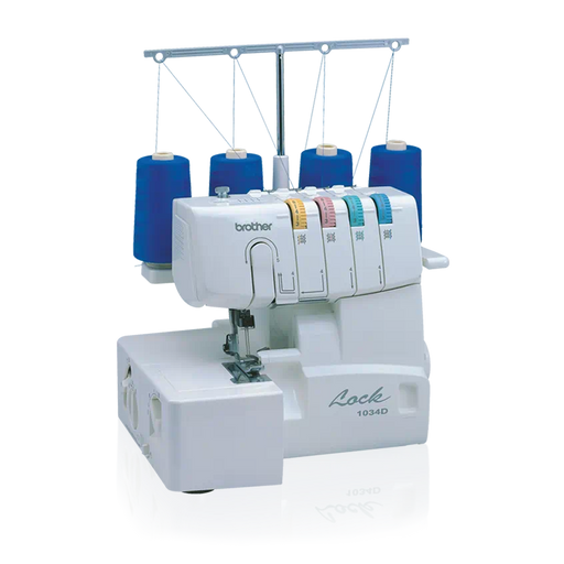 brother-lock-1034d-serger-angled-right-view-with-four-blue-thread-spools-on-black-background