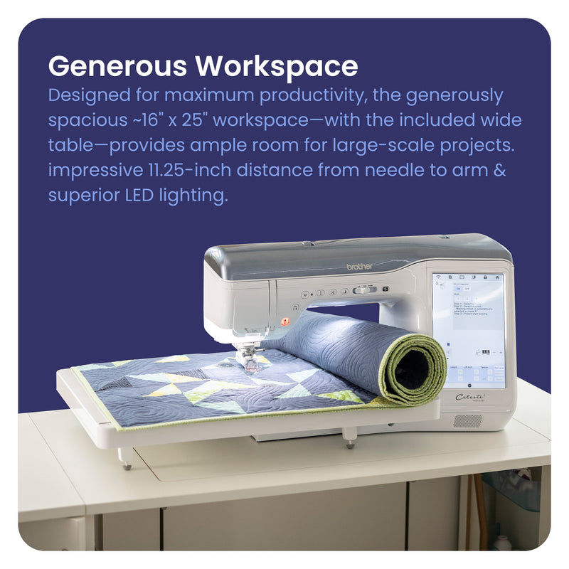 brother-celeste-innov-is-cx1-sewing-machine-with-rolled-blue-quilt-on-spacious-sixteen-by-twenty-five-inch-extension-table