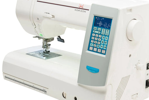 anome Horizon Memory Craft 8200QCP Special Edition computerized sewing and quilting machine showing its wide 11-inch throat space and backlit LCD screen.