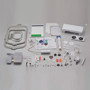 Brother Aveneer EV1-LE included accessories bundle featuring the intelligent stitch regulator, embroidery frames, foot controller, and storage box