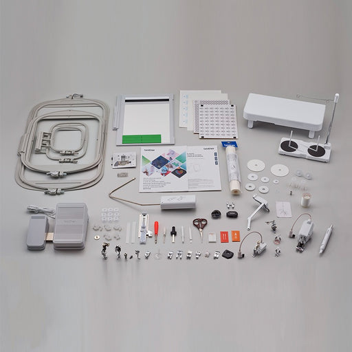 Brother Aveneer EV1-LE included accessories bundle featuring the intelligent stitch regulator, embroidery frames, foot controller, and storage box