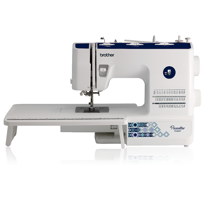brother-pacesetter-ps200t-sewing-machine-with-attached-wide-extension-table-front-view-isolated-on-black-background