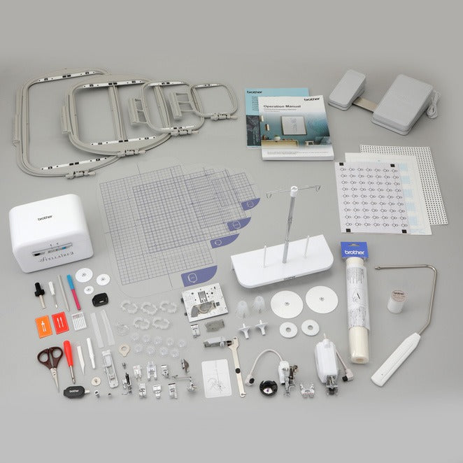 A top-down view of the organized accessory storage drawer for the Brother Stellaire Innov-is XJ2 containing sewing feet and embroidery components