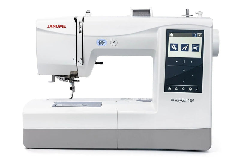 Janome Memory Craft 100E computerized embroidery machine front view showing color touchscreen.