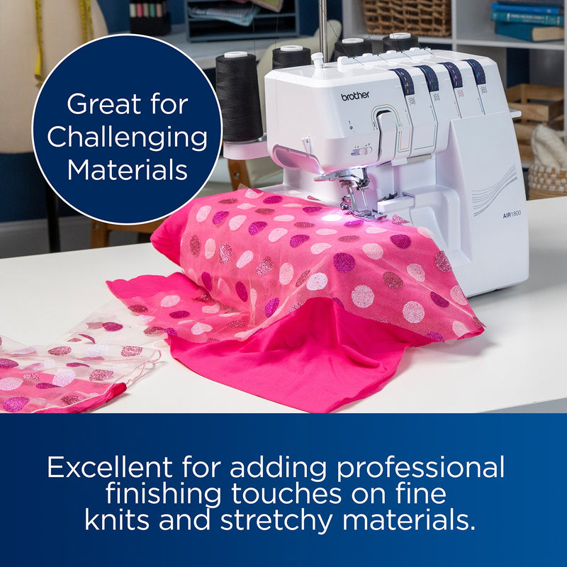 brother-air1800-air-serger-angled-front-view-infographic-highlighting-challenging-materials-with-pink-polka-dot-fabric